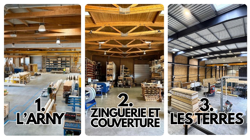 Les trois ateliers LP Charpente, 1. L'Arny, 2. Zinguerie et couverture, 3. Les Terres